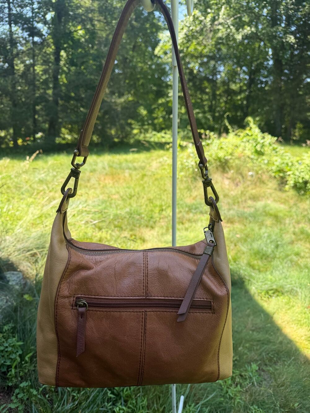 The Sak Genuine Leather Two Tone Shoulder Bag Hobo Purse Tan Cognac